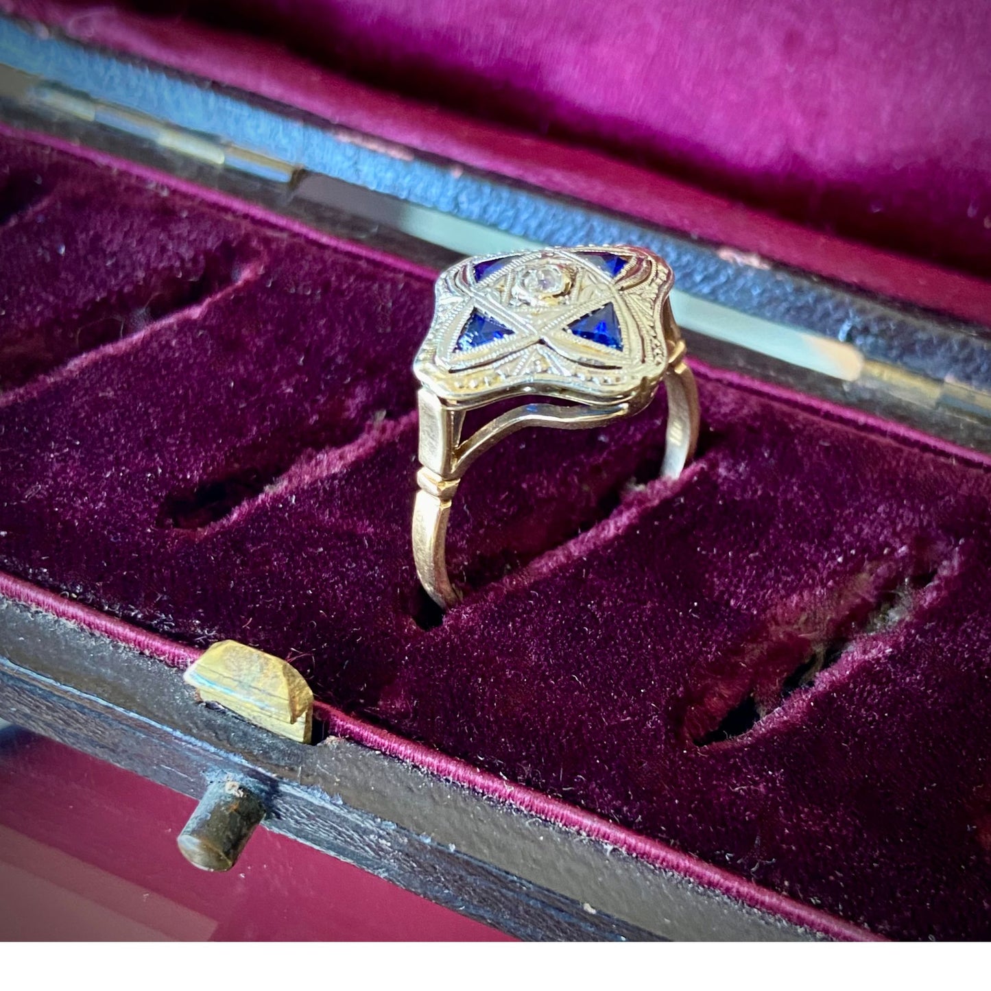 Art Deco cross design ring with sapphires and diamonds in 18ct gold and platinum.