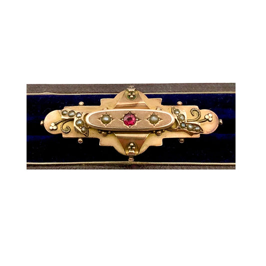 Antique Ruby, Gold & Seed Pearl Brooch