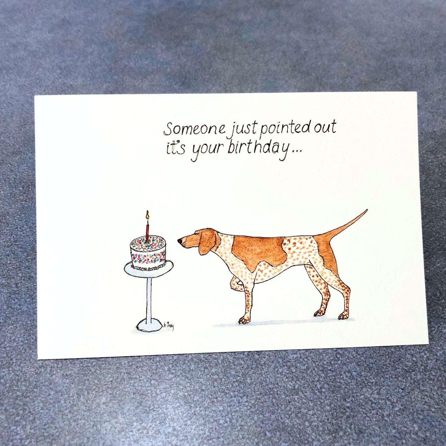 A large rectangular card showing a brown and white pointer dog staring at a birthday cake with one candle. The words read "Someone just pointed out it's your birthday".