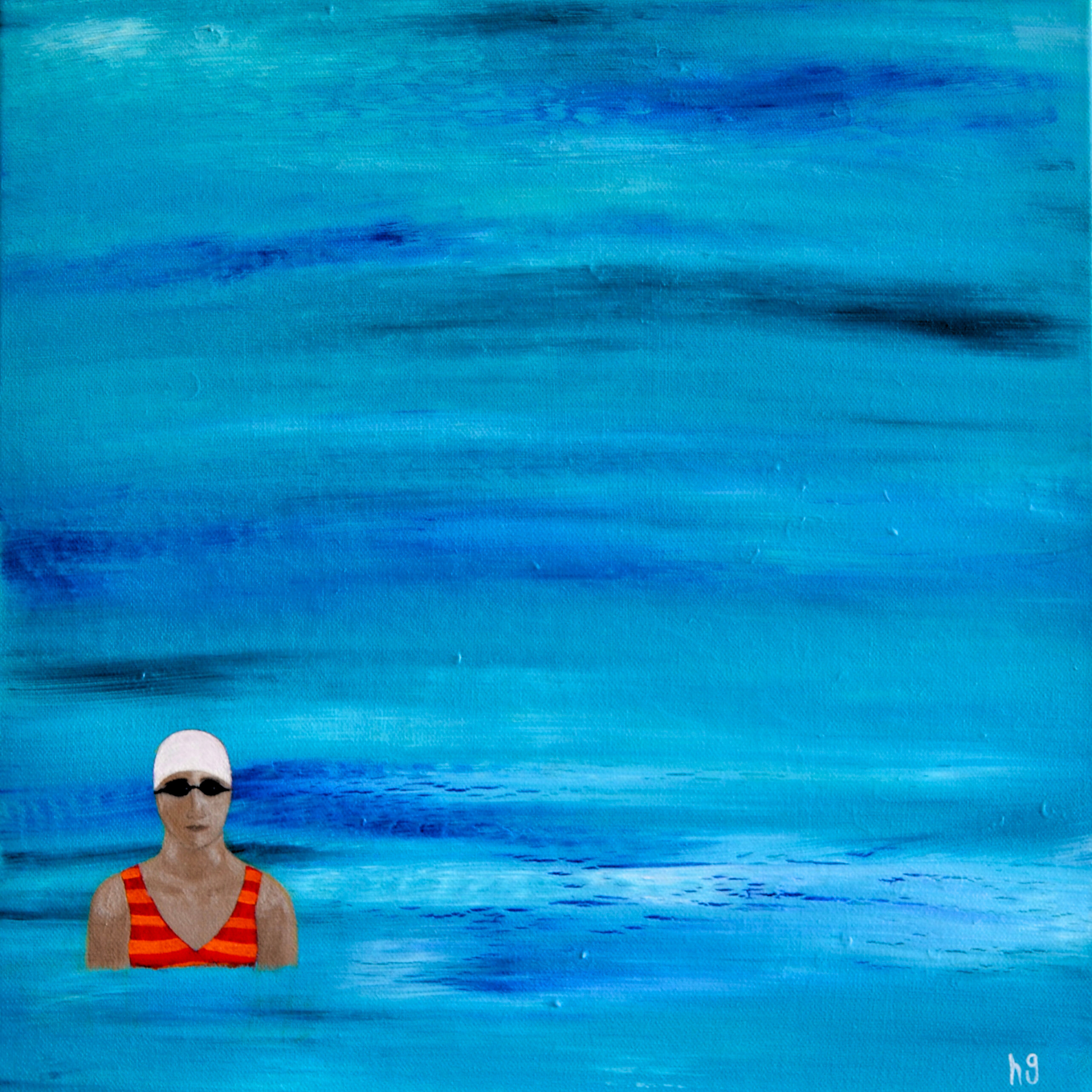 A lone woman swimmer wearing swimming goggles, a white cap, and a red and orange swimsuit pauses in the sea, while contemplating her surroundings. Acrylic paint on canvas, measuring 40x40centimetres.