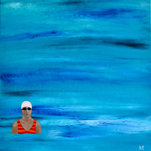 A lone woman swimmer wearing swimming goggles, a white cap, and a red and orange swimsuit pauses in the sea, while contemplating her surroundings. Acrylic paint on canvas, measuring 40x40centimetres.