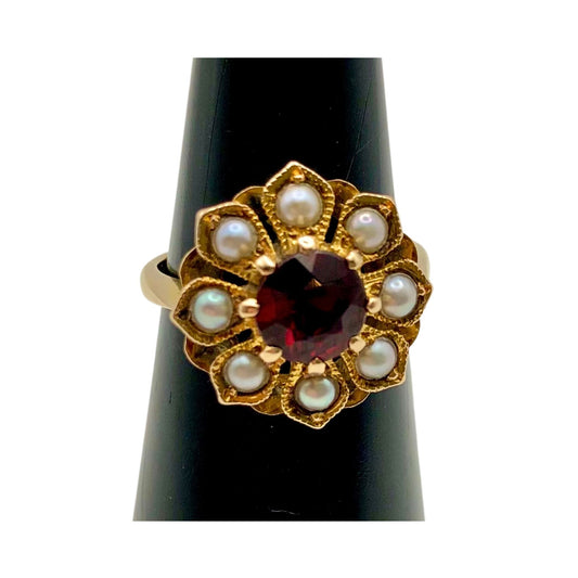 Garnet & Seed Pearl Flower Ring