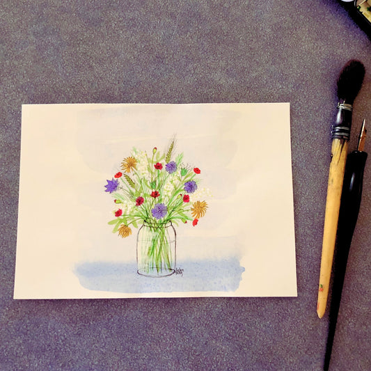 An original watercolour painting by Helen Gray depicting a collection of flowers in a clear glass vase on a blue background. Flower colours are yellow, purple, white, and red.