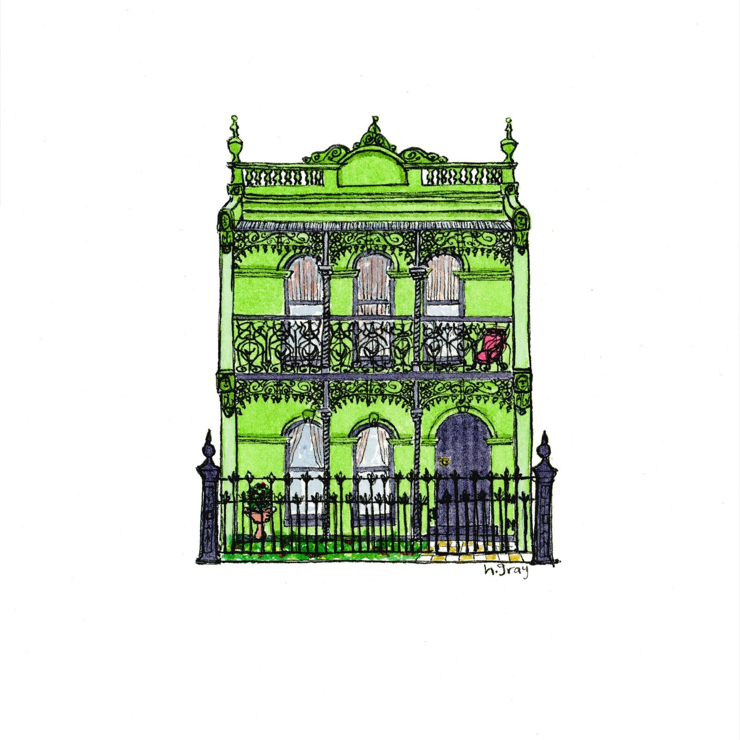 Green Australian terrace house, with decorative filigree and trim on the verandah, and a dark grey door and fence. Printed on watercolour paper using artist pigment.